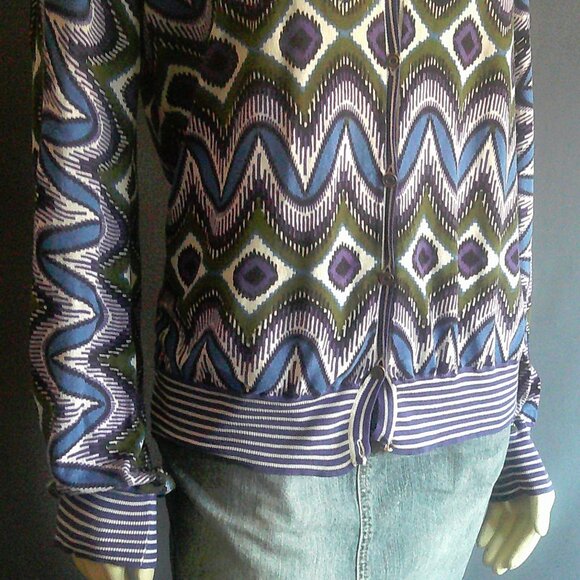 Tory Burch Cotton Olive Blue Ikat Cardigan M - Picture 2 of 8